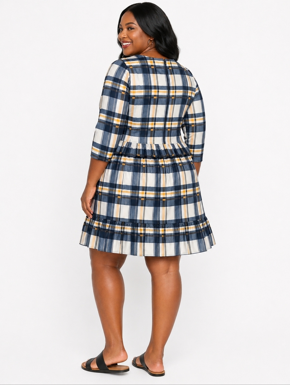NWT Plus Size Navy, White, And Yellow Plaid Ruffle-Hem Dress Size 22/24 - Picture 2 of 5